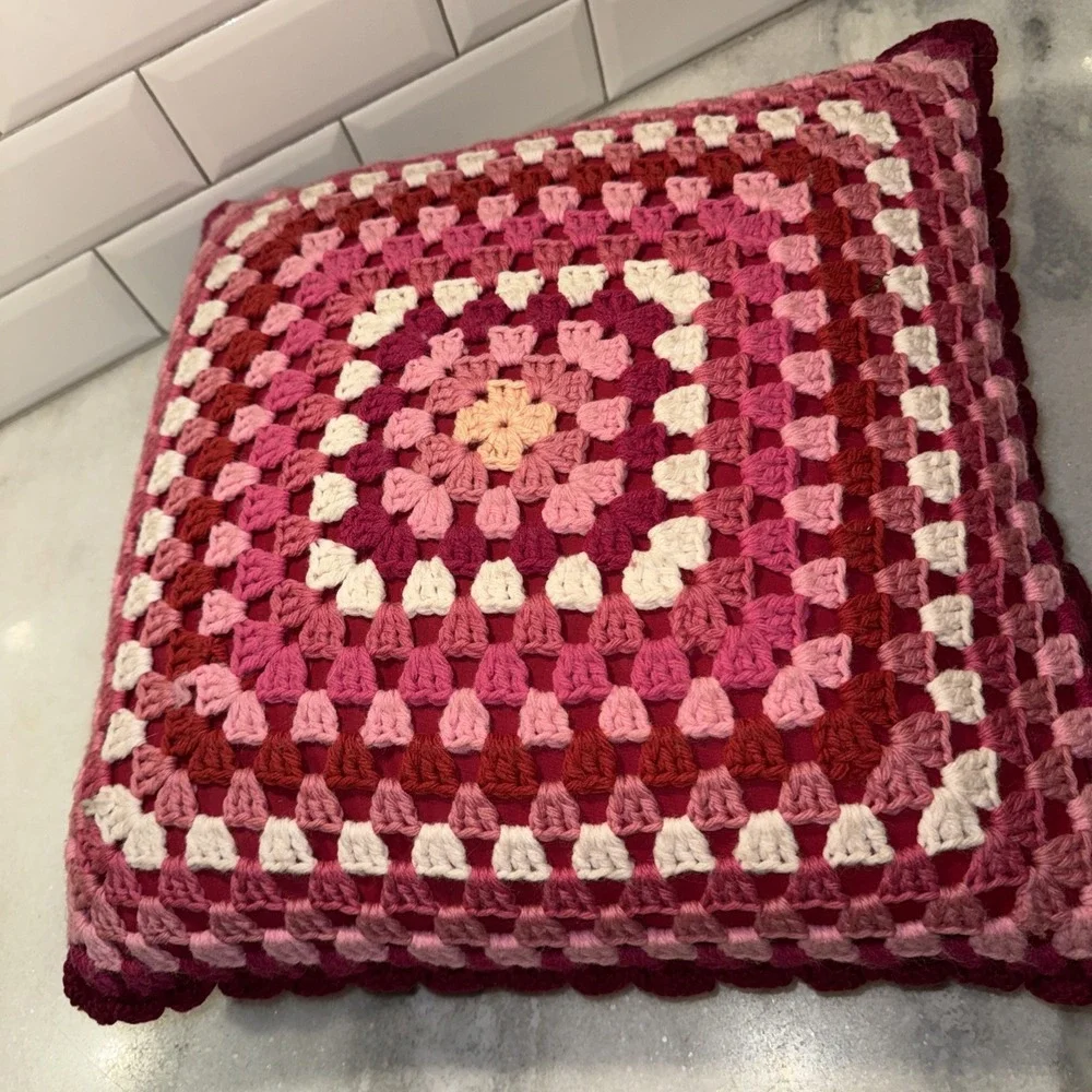 vintage granny square pillow Double Sided Pink Red Magenta Valentine